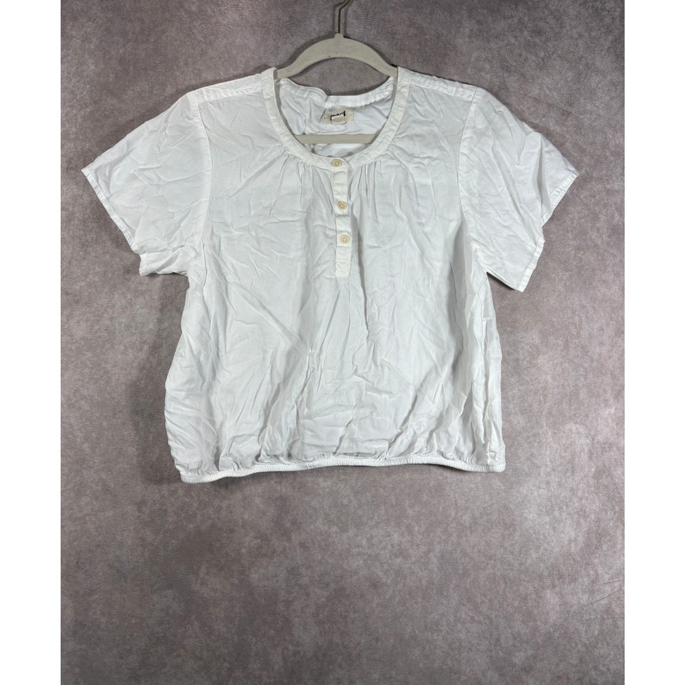 Pact Henley Top Women M White Organic Cotton Short Sleeve Elastic Hem Casual